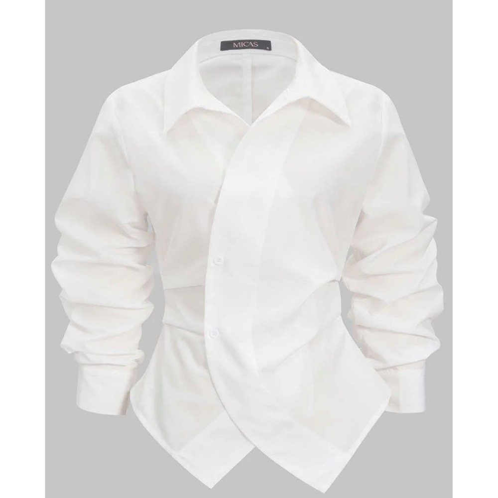 Micas White Button Irregular Ruched Long Sleeve Shirt Asymmetric Blouse Small